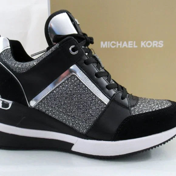 Michael Kors Georgie Trainer Wedge Sneakers Laces MK Logo Black / Grey - Picture 6 of 8